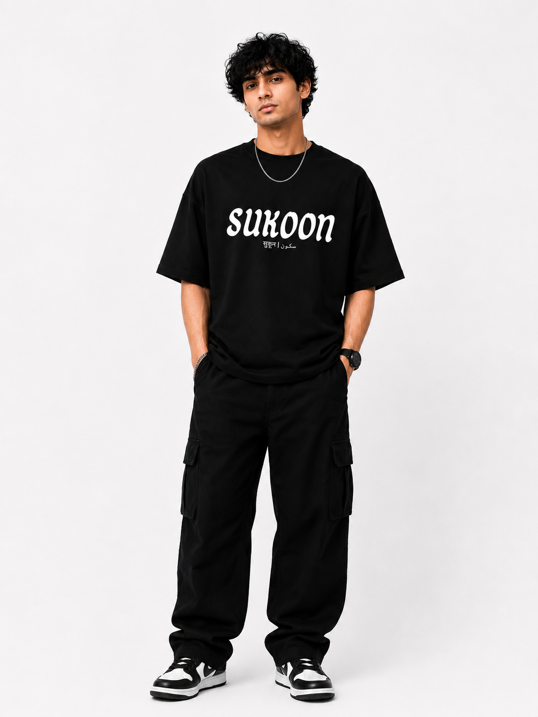 Sukoon Oversized T-Shirt for Men & Women | Peace Typography Graphic Tee | Black Unisex Streetwear
