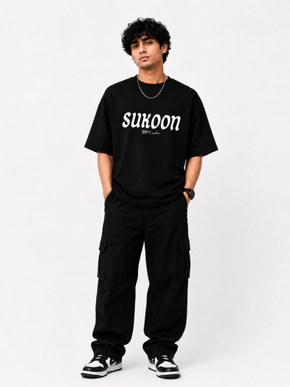 Sukoon Oversized T-Shirt for Men & Women | Peace Typography Graphic Tee | Black Unisex Streetwear