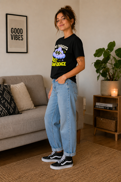 No Thoughts Just Confidence Women's Graphic T-Shirt | Funny Cloud Cartoon Casual Cotton Tee
