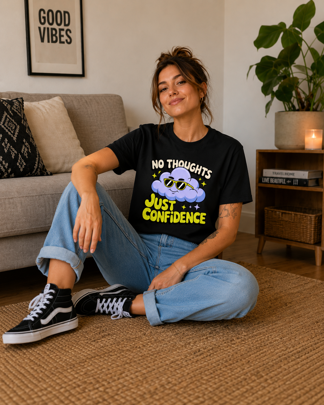 No Thoughts Just Confidence Women's Graphic T-Shirt | Funny Cloud Cartoon Casual Cotton Tee