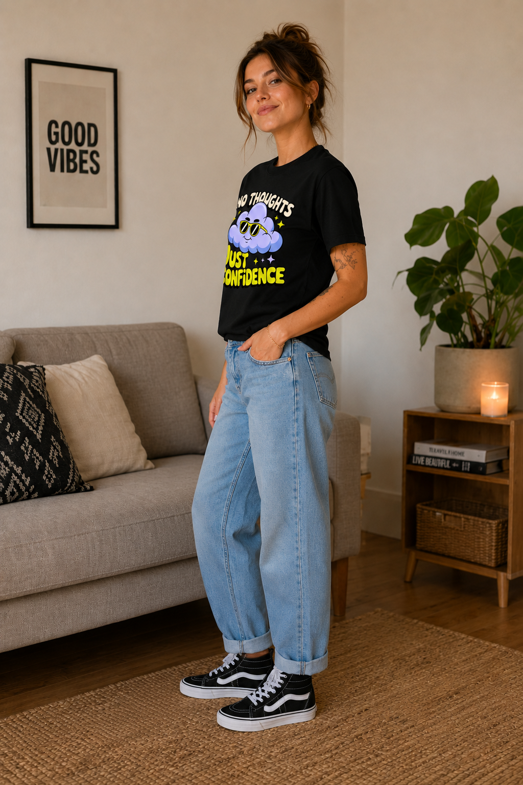 No Thoughts Just Confidence Women's Graphic T-Shirt | Funny Cloud Cartoon Casual Cotton Tee