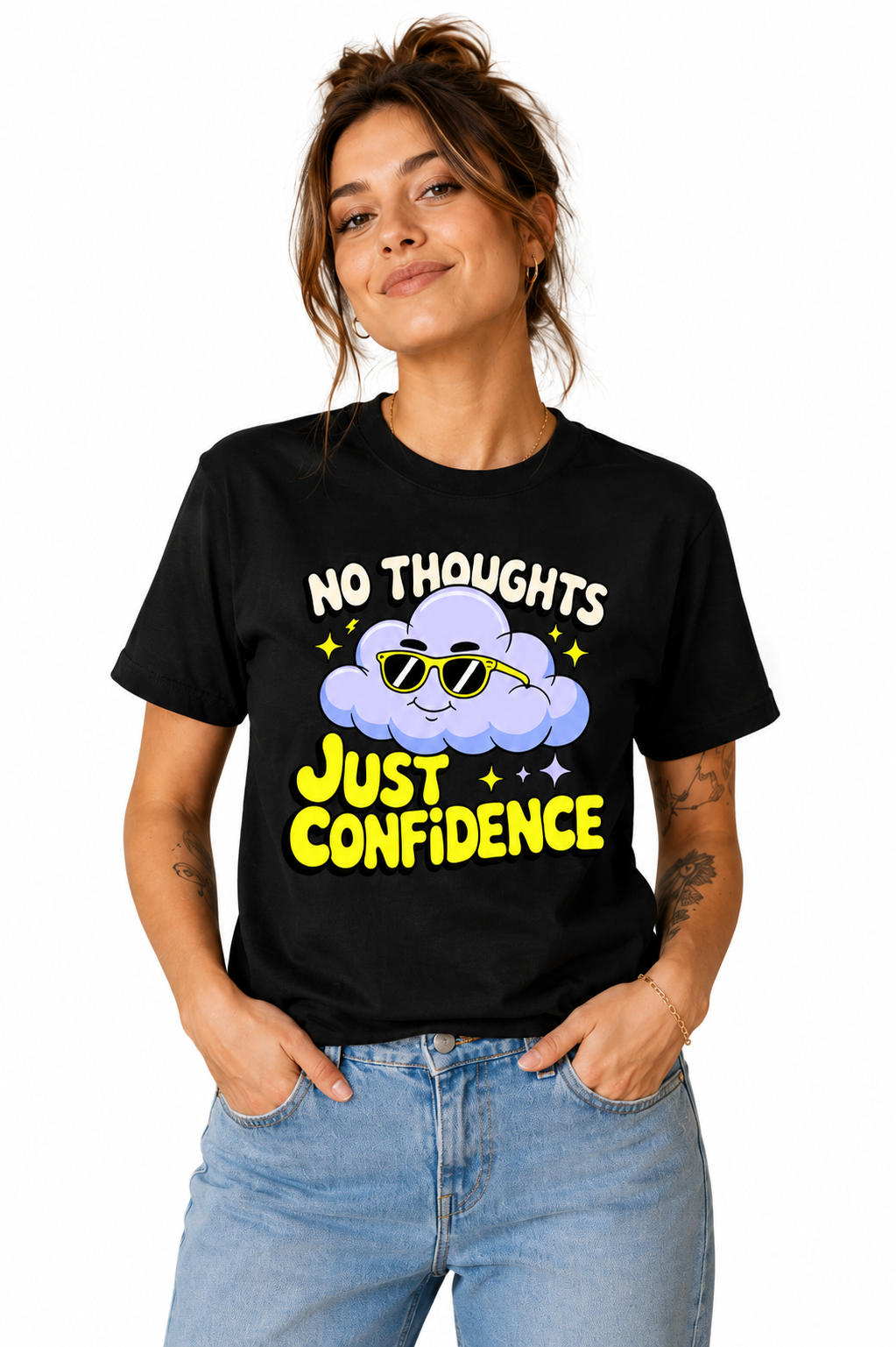 No Thoughts Just Confidence Women's Graphic T-Shirt | Funny Cloud Cartoon Casual Cotton Tee