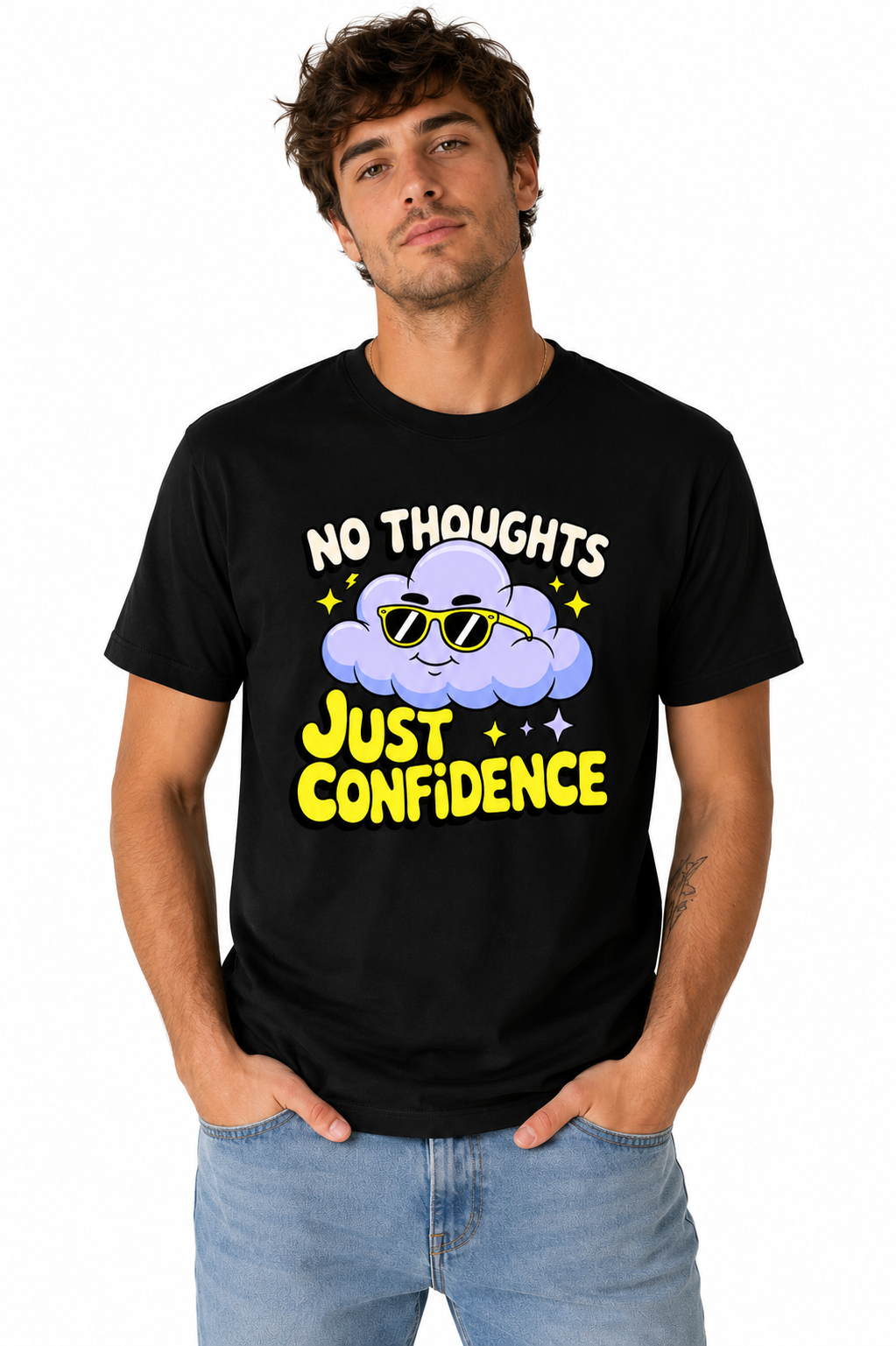 No Thoughts Just Confidence Graphic T-Shirt for Men | Funny Cloud Cartoon Printed Casual Cotton Tee