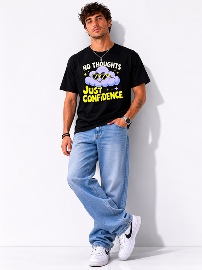No Thoughts Just Confidence Graphic T-Shirt for Men | Funny Cloud Cartoon Printed Casual Cotton Tee