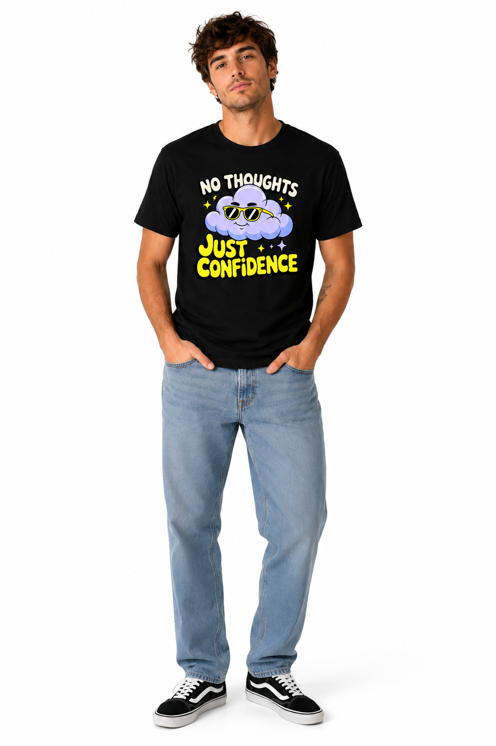 No Thoughts Just Confidence Graphic T-Shirt for Men | Funny Cloud Cartoon Printed Casual Cotton Tee