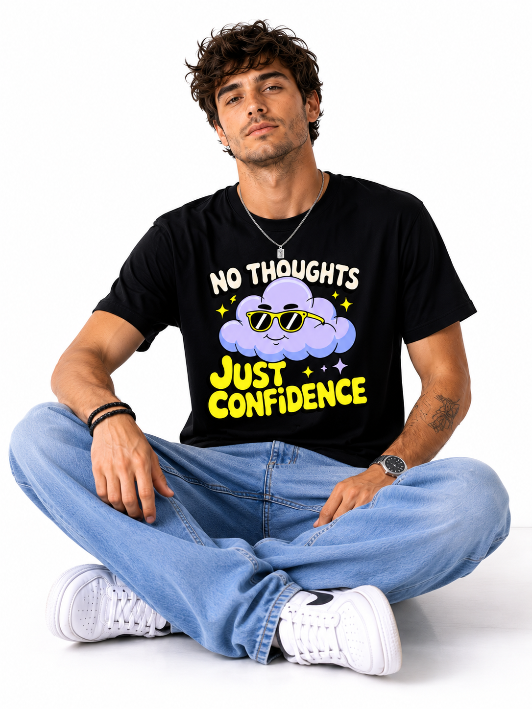 No Thoughts Just Confidence Graphic T-Shirt for Men | Funny Cloud Cartoon Printed Casual Cotton Tee