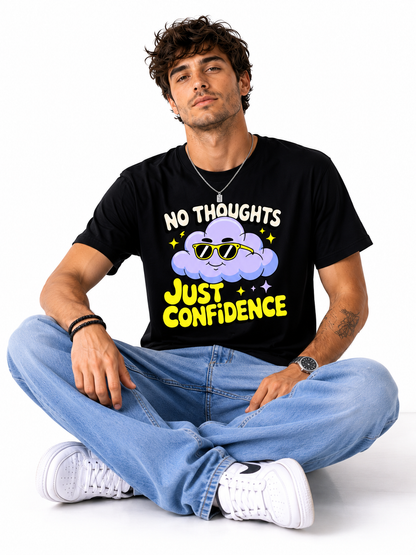 No Thoughts Just Confidence Graphic T-Shirt for Men | Funny Cloud Cartoon Printed Casual Cotton Tee
