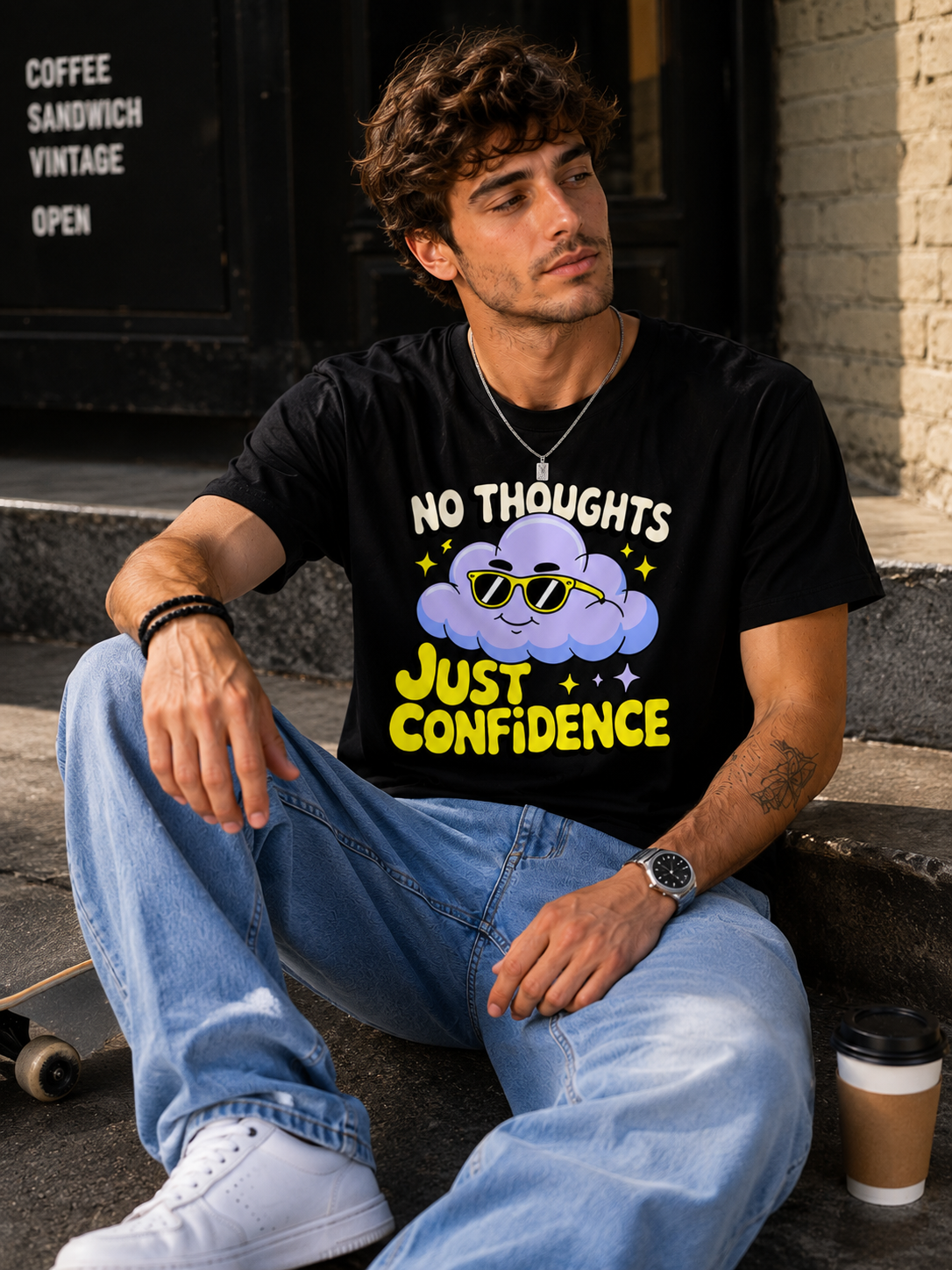 No Thoughts Just Confidence Graphic T-Shirt for Men | Funny Cloud Cartoon Printed Casual Cotton Tee
