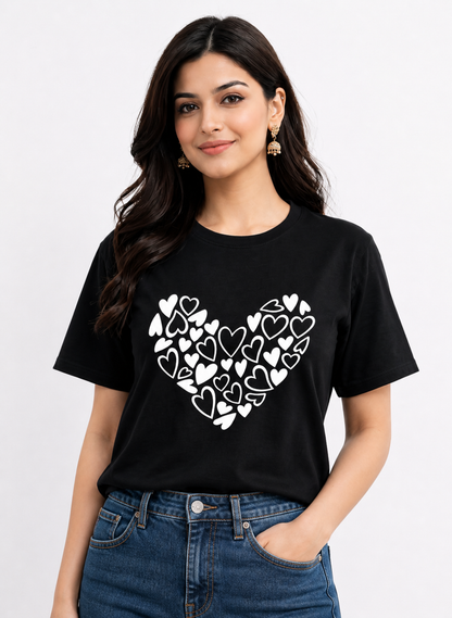 Pd Clori Heart Graphic Black T-Shirt for Women