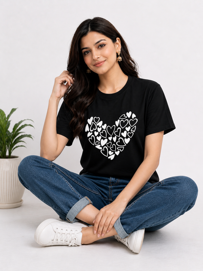 Pd Clori Heart Graphic Black T-Shirt for Women