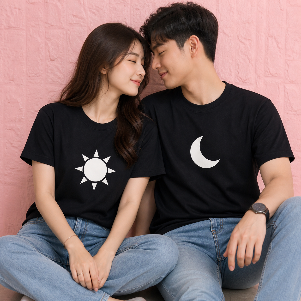 Pd Clori Sun & Moon Couple Black T-Shirt Combo