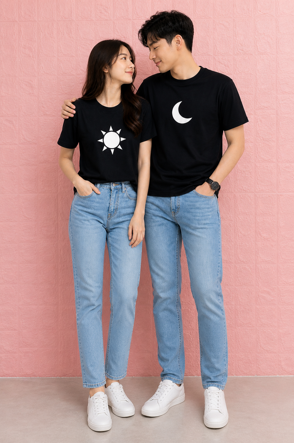 Pd Clori Sun & Moon Couple Black T-Shirt Combo