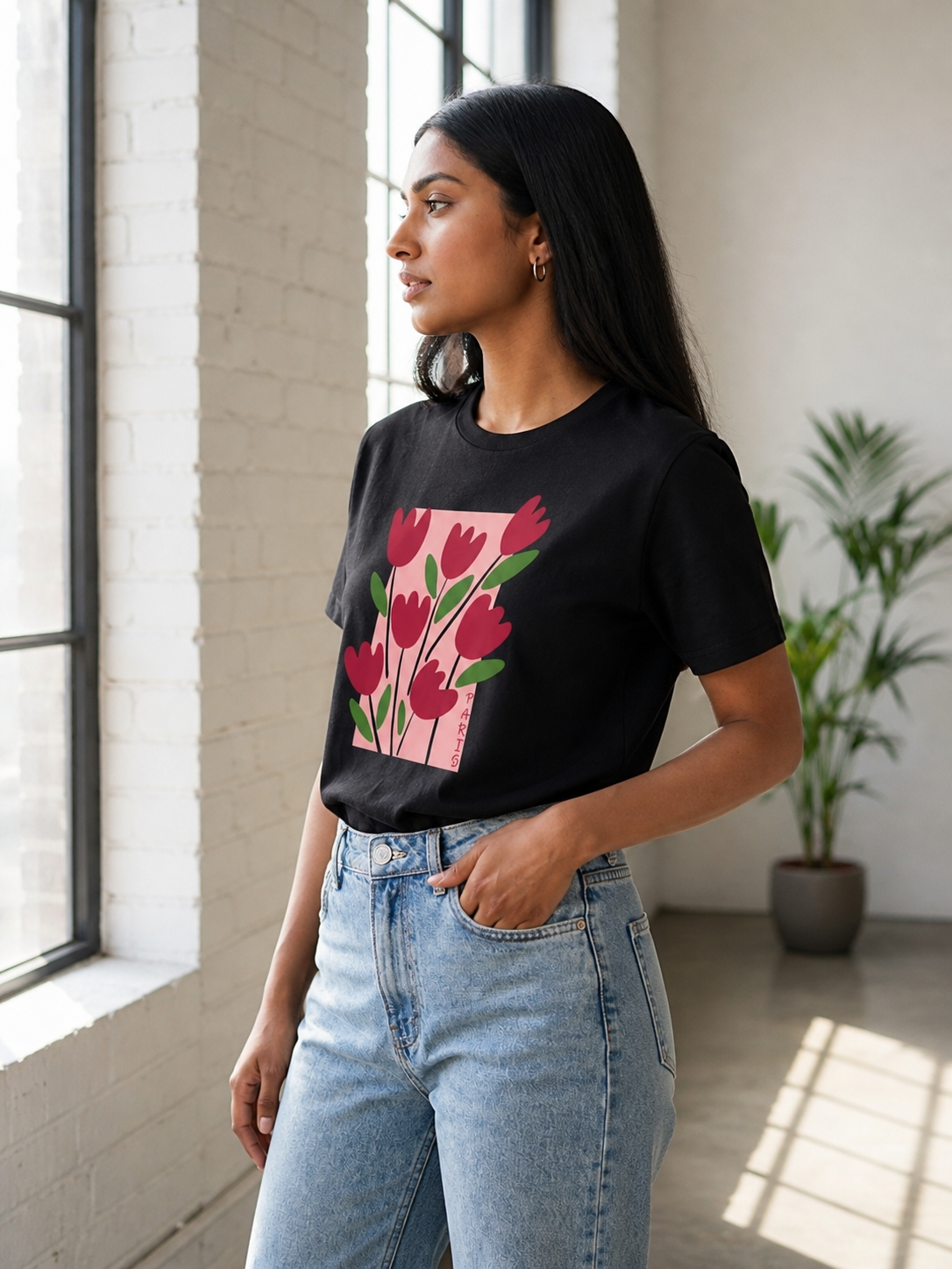 Pd Clori Floral Art Graphic Black T-Shirt for Women