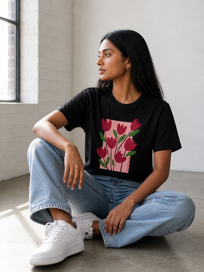 Pd Clori Floral Art Graphic Black T-Shirt for Women
