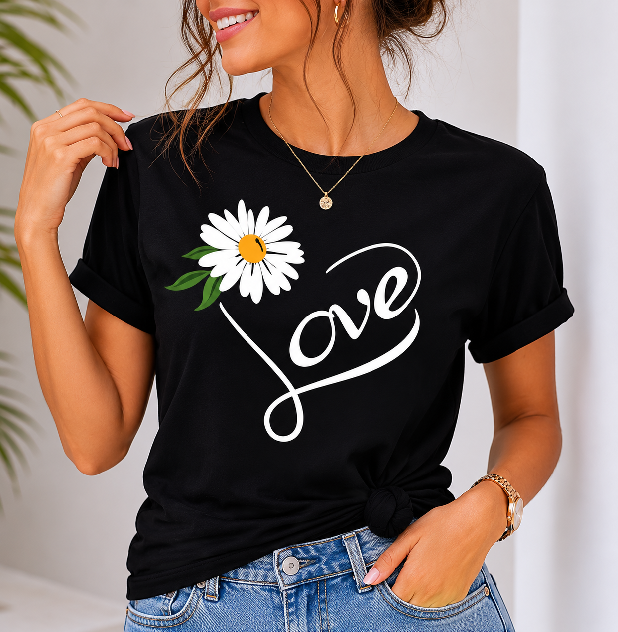 Love Daisy Graphic T-Shirt for Women | Floral Love Typography Casual Cotton Tee