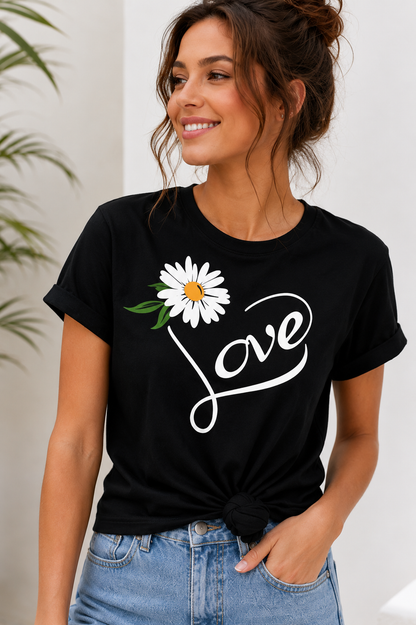 Love Daisy Graphic T-Shirt for Women | Floral Love Typography Casual Cotton Tee