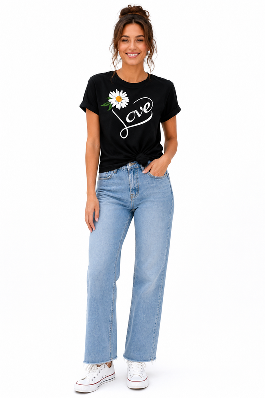 Love Daisy Graphic T-Shirt for Women | Floral Love Typography Casual Cotton Tee