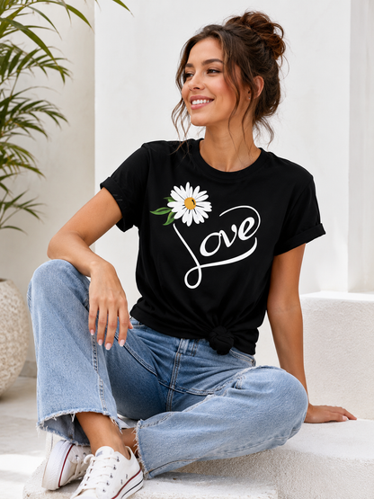 Love Daisy Graphic T-Shirt for Women | Floral Love Typography Casual Cotton Tee