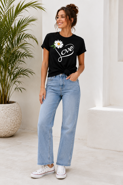 Love Daisy Graphic T-Shirt for Women | Floral Love Typography Casual Cotton Tee