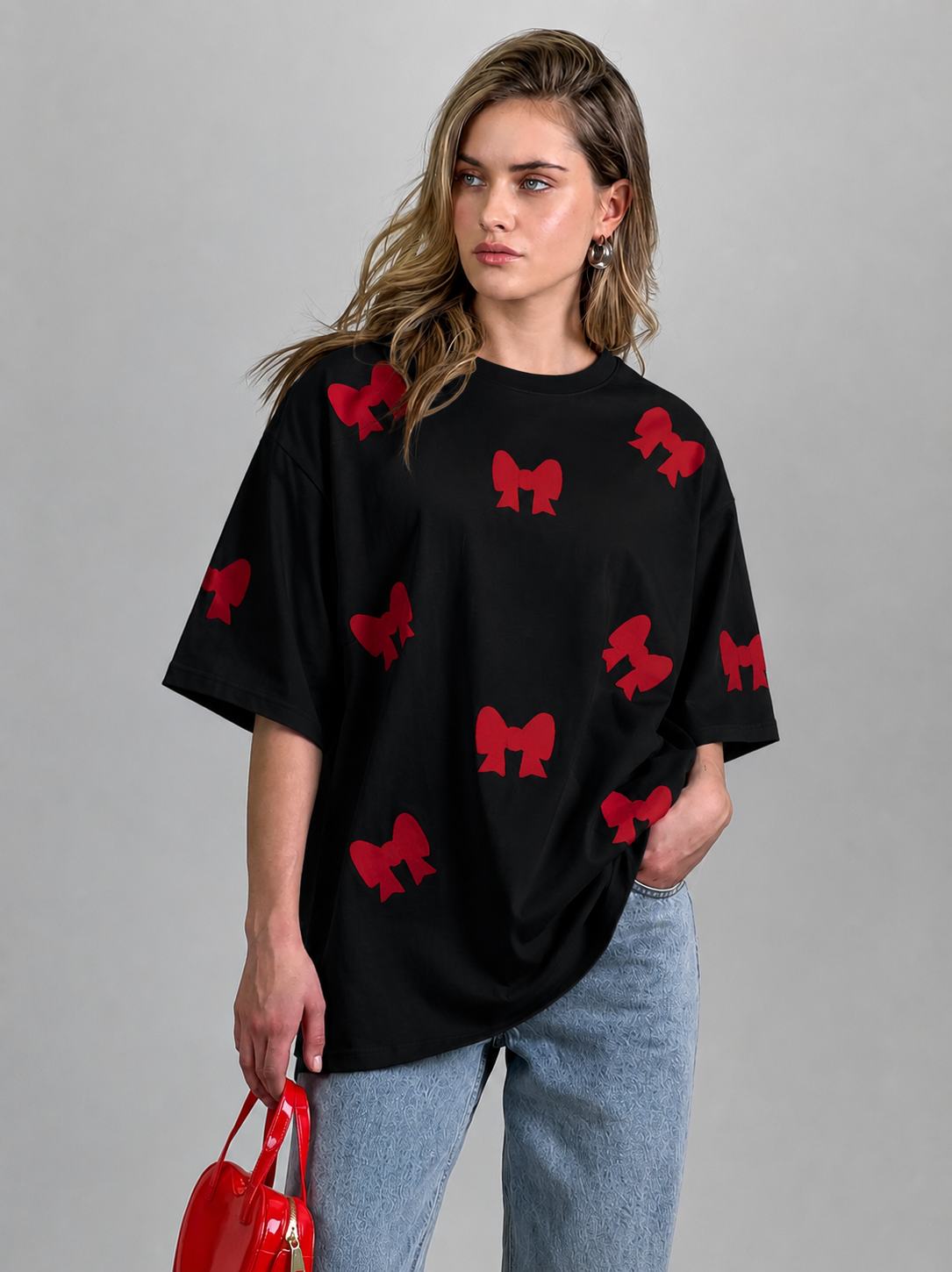 Black Oversized Red Bow Printed T-Shirt for Women | Trendy Aesthetic Oversize Tee by Pd Clori
