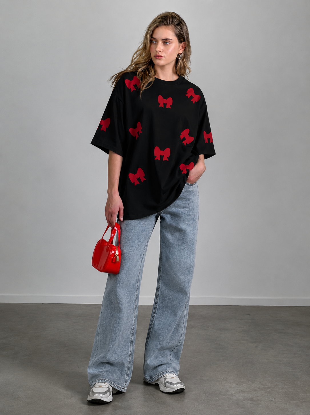 Black Oversized Red Bow Printed T-Shirt for Women | Trendy Aesthetic Oversize Tee by Pd Clori