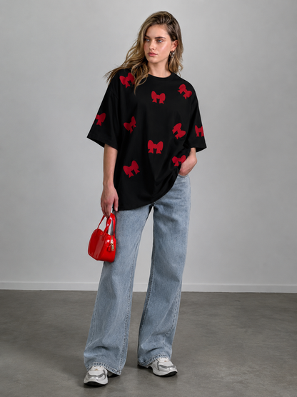 Black Oversized Red Bow Printed T-Shirt for Women | Trendy Aesthetic Oversize Tee by Pd Clori