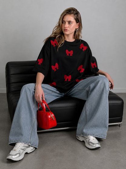 Black Oversized Red Bow Printed T-Shirt for Women | Trendy Aesthetic Oversize Tee by Pd Clori