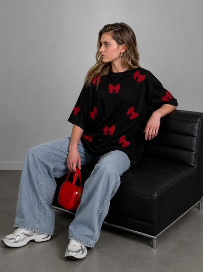 Black Oversized Red Bow Printed T-Shirt for Women | Trendy Aesthetic Oversize Tee by Pd Clori