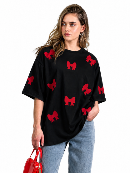 Black Oversized Red Bow Printed T-Shirt for Women | Trendy Aesthetic Oversize Tee by Pd Clori