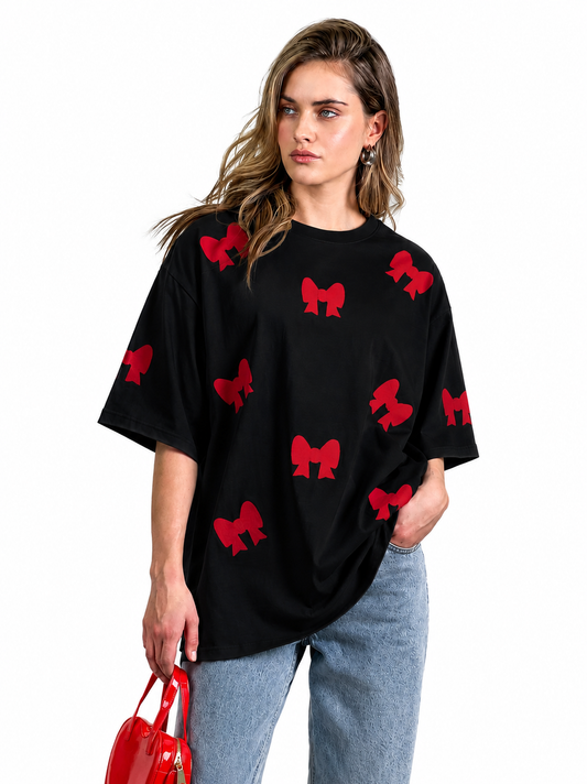 Black Oversized Red Bow Printed T-Shirt for Women | Trendy Aesthetic Oversize Tee by Pd Clori