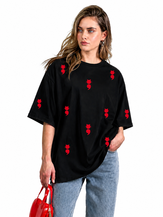Black Oversized Red Devil Icon Printed T-Shirt for Women | Trendy Streetwear Tee by Pd Clori