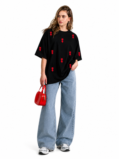 Black Oversized Red Devil Icon Printed T-Shirt for Women | Trendy Streetwear Tee by Pd Clori