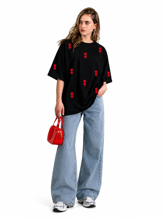 Black Oversized Red Devil Icon Printed T-Shirt for Women | Trendy Streetwear Tee by Pd Clori