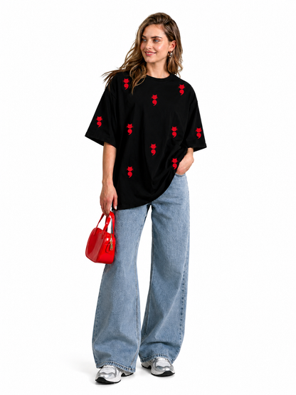 Black Oversized Red Devil Icon Printed T-Shirt for Women | Trendy Streetwear Tee by Pd Clori