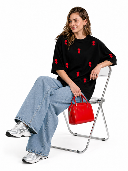 Black Oversized Red Devil Icon Printed T-Shirt for Women | Trendy Streetwear Tee by Pd Clori