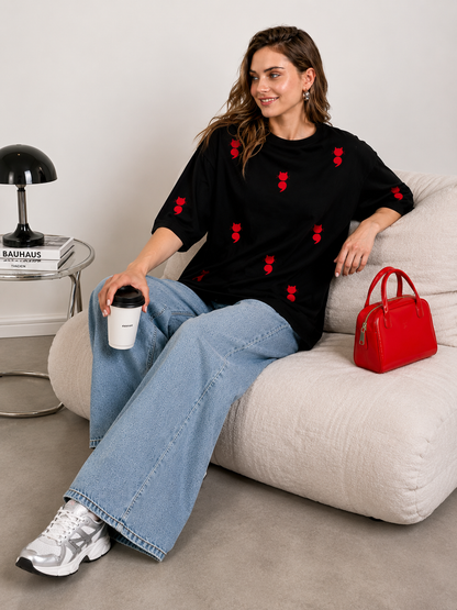 Black Oversized Red Devil Icon Printed T-Shirt for Women | Trendy Streetwear Tee by Pd Clori