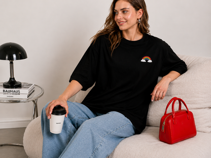 Black Oversized Rainbow Graphic T-Shirt for Women | Minimal Aesthetic Casual Tee by Pd Clori