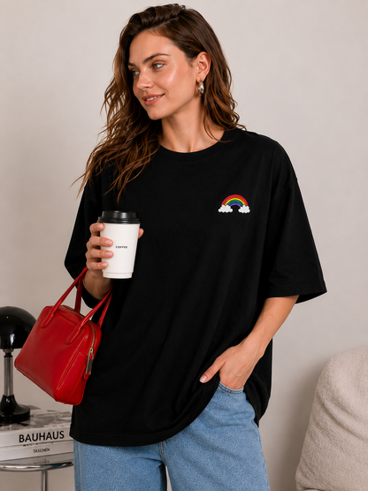 Black Oversized Rainbow Graphic T-Shirt for Women | Minimal Aesthetic Casual Tee by Pd Clori