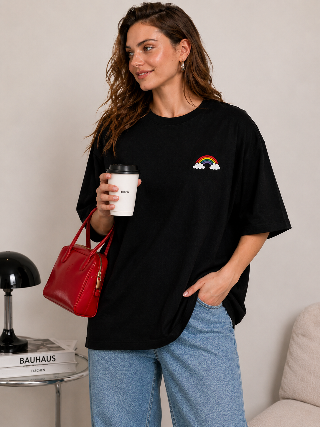 Black Oversized Rainbow Graphic T-Shirt for Women | Minimal Aesthetic Casual Tee by Pd Clori
