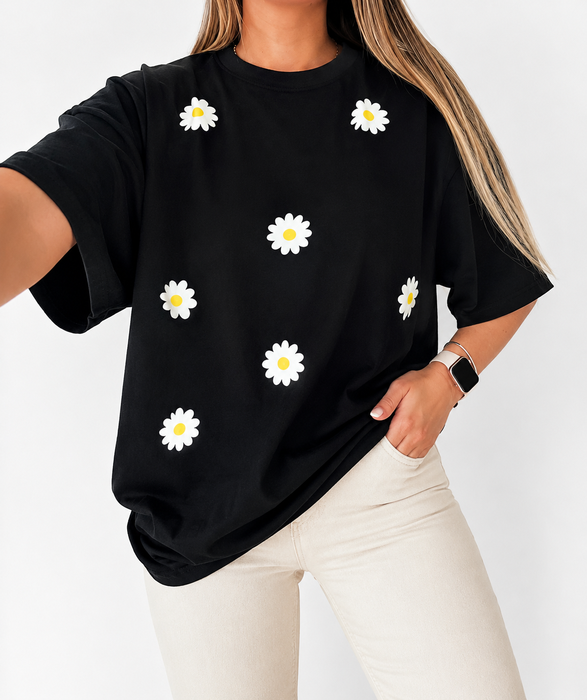Black Daisy Printed Oversized T-Shirt for Women | Cute Aesthetic Casual Tee by Pd Clori