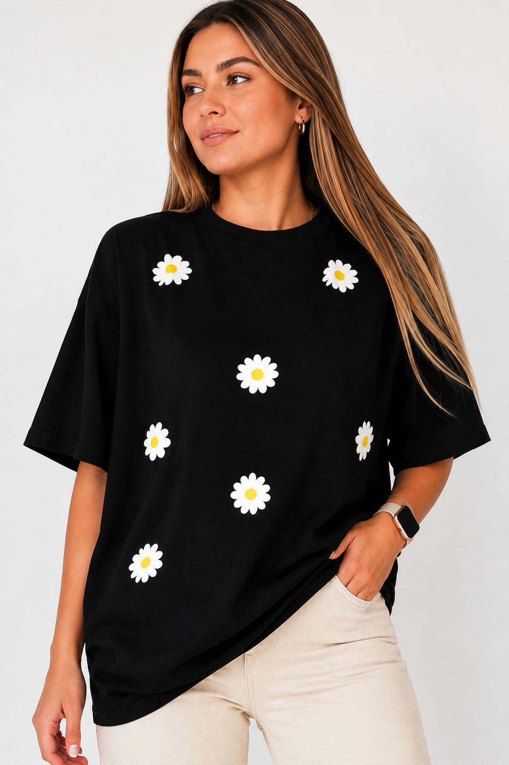 Black Daisy Printed Oversized T-Shirt for Women | Cute Aesthetic Casual Tee by Pd Clori