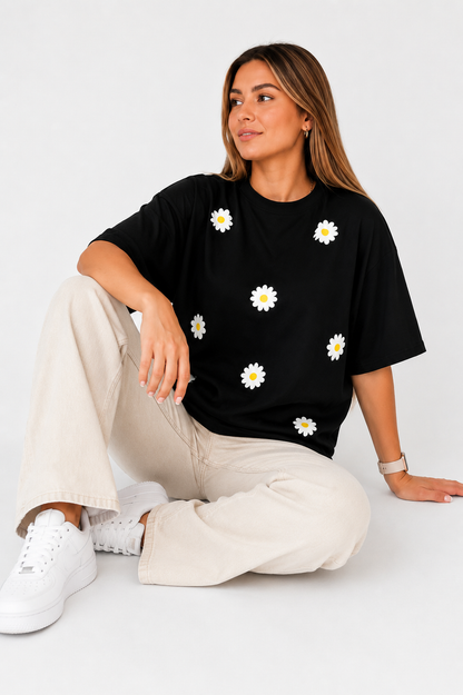 Black Daisy Printed Oversized T-Shirt for Women | Cute Aesthetic Casual Tee by Pd Clori
