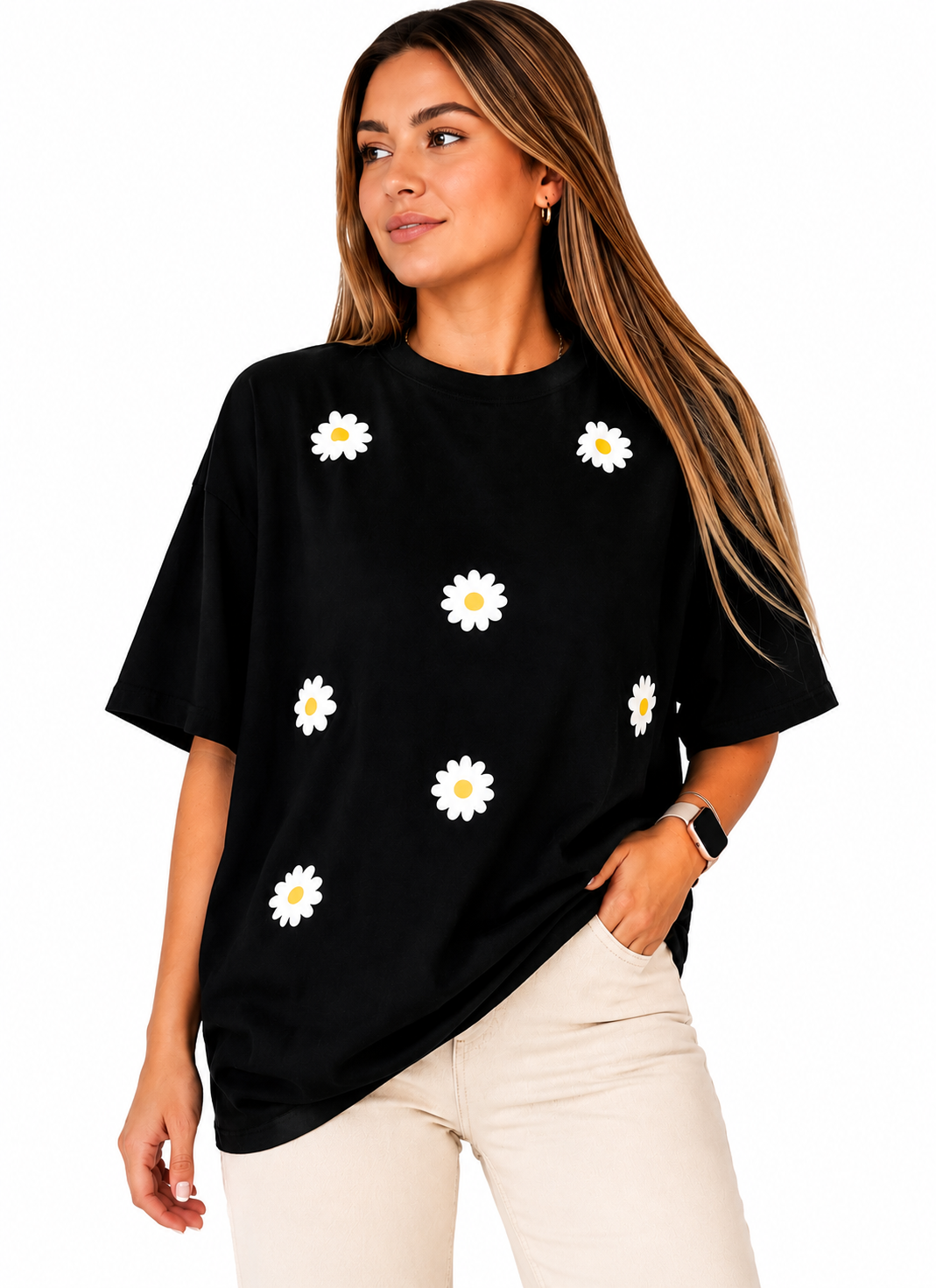 Black Daisy Printed Oversized T-Shirt for Women | Cute Aesthetic Casual Tee by Pd Clori