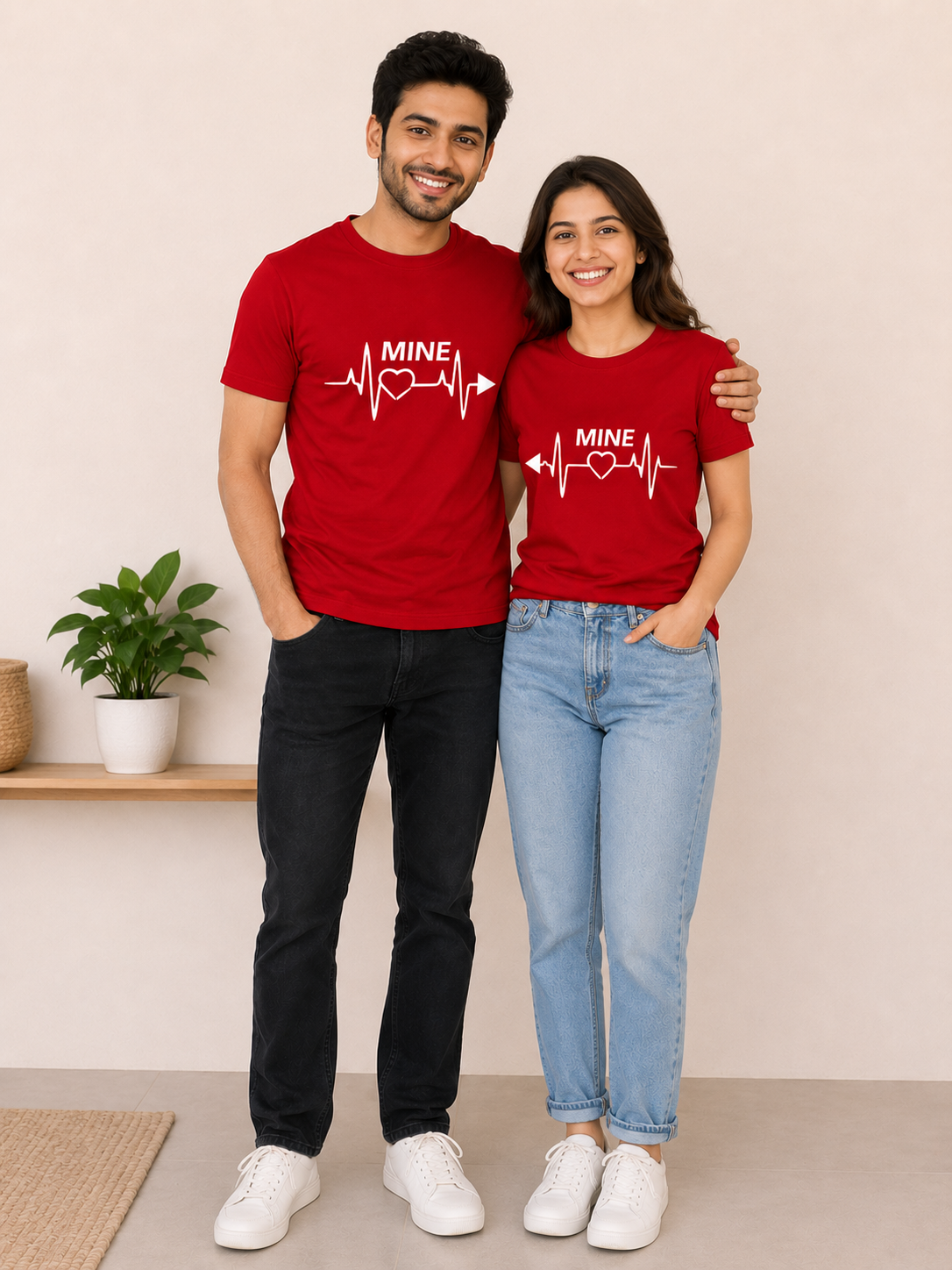 Red “Mine” Matching Couple T-Shirts Combo | Heartbeat Love Graphic Tees by Pd Clori
