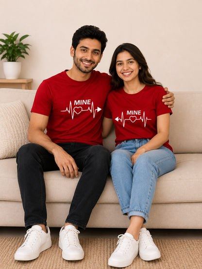 Red “Mine” Matching Couple T-Shirts Combo | Heartbeat Love Graphic Tees by Pd Clori