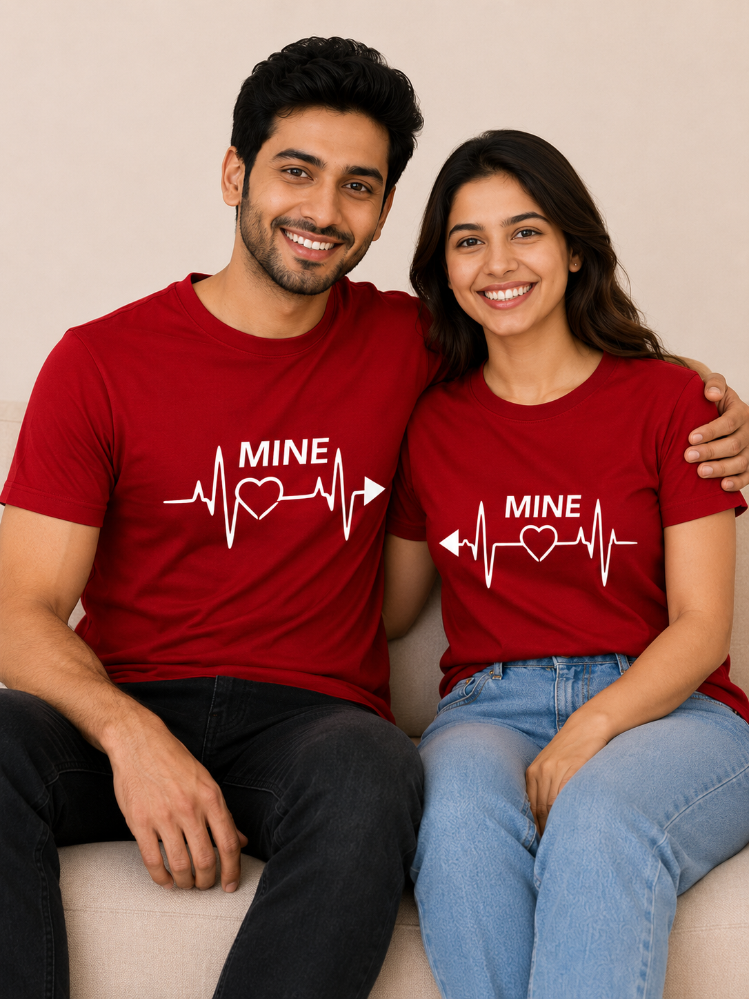 Red “Mine” Matching Couple T-Shirts Combo | Heartbeat Love Graphic Tees by Pd Clori