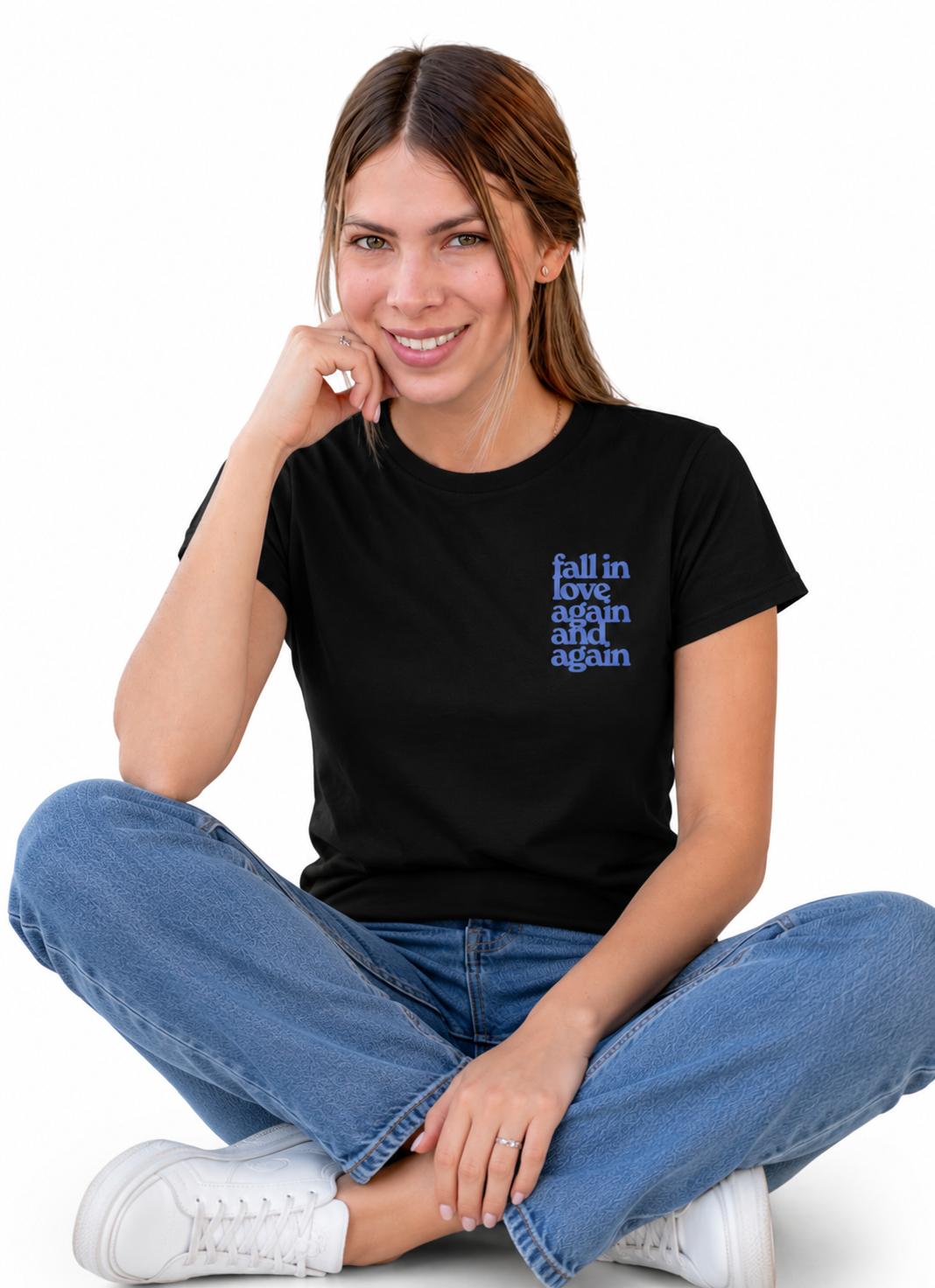 Black “Fall in Love Again and Again” Graphic T-Shirt for Women | Minimal Aesthetic Tee by Pd Clori