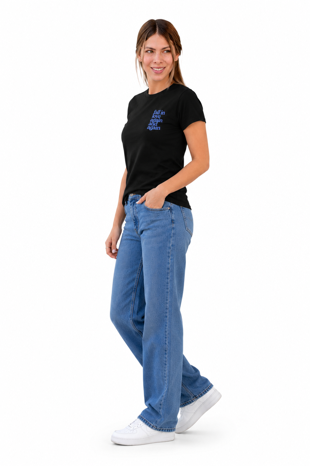 Black “Fall in Love Again and Again” Graphic T-Shirt for Women | Minimal Aesthetic Tee by Pd Clori