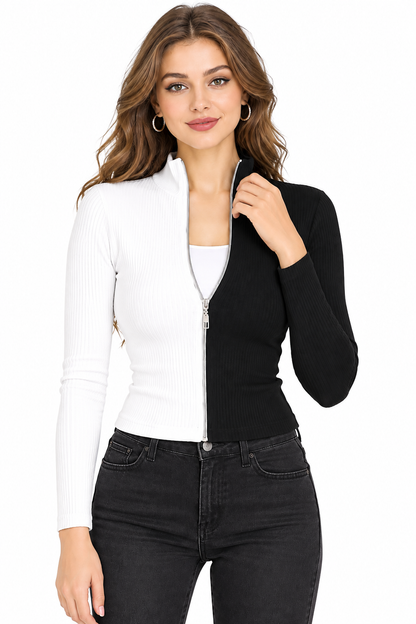 Women's Black & White Ribbed Zip-Up Top | Full Sleeve Stylish Fitted Top | Casual Everyday Wear | Trendy Western Top for Women
