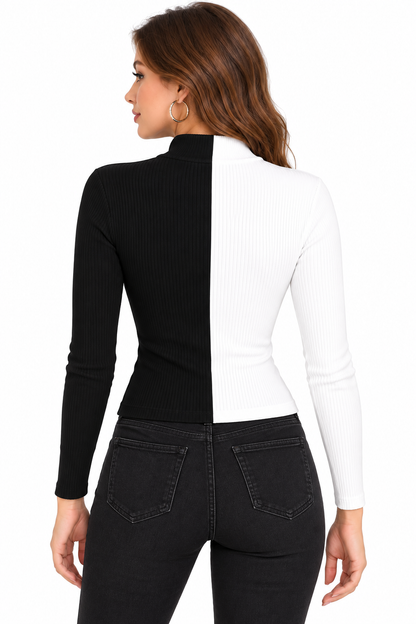 Women's Black & White Ribbed Zip-Up Top | Full Sleeve Stylish Fitted Top | Casual Everyday Wear | Trendy Western Top for Women